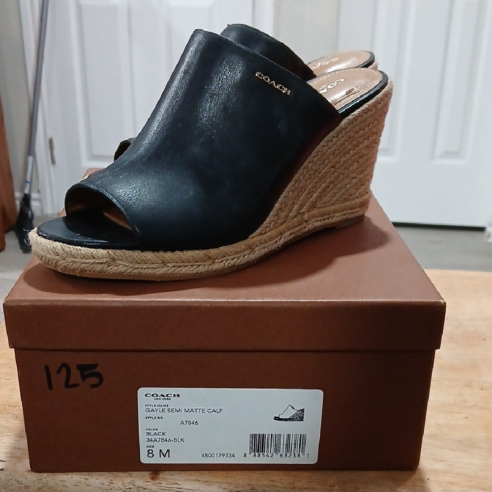 Coach Black Leather Espadrille Wedge Mule